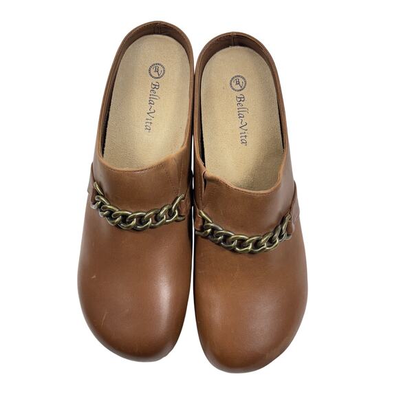 Bella-Vita Clog Mules Women's 12WW Tan Leather Chain Accent Slip Resistant Wide - Picture 6 of 9